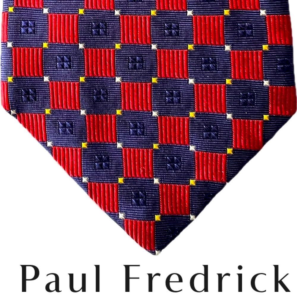 👨‍💼Woven Silk Paul Fredrick Necktie | Red & Blue / Gold & Silver Accents | 56”